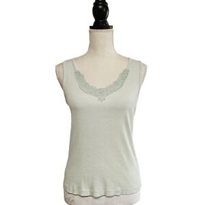 Lauren Ralph Lauren Pastel Green Lace V-Neck Ribbed Tank Sz M Y2K Preppy